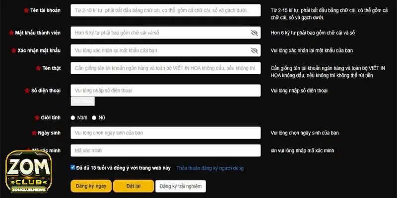 Cách đăng ký Zomclub - Quy trình tạo tài khoản